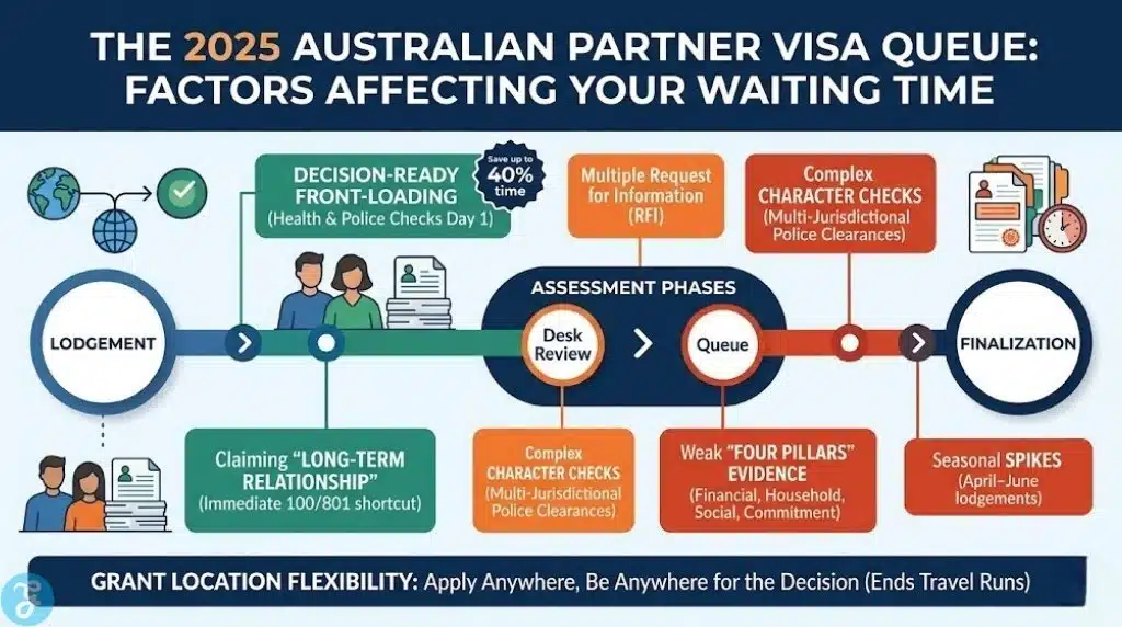 Visualization of factors affecting 2025 Australian Partner Visa processing times, from front-loading medicals to complex character checks.