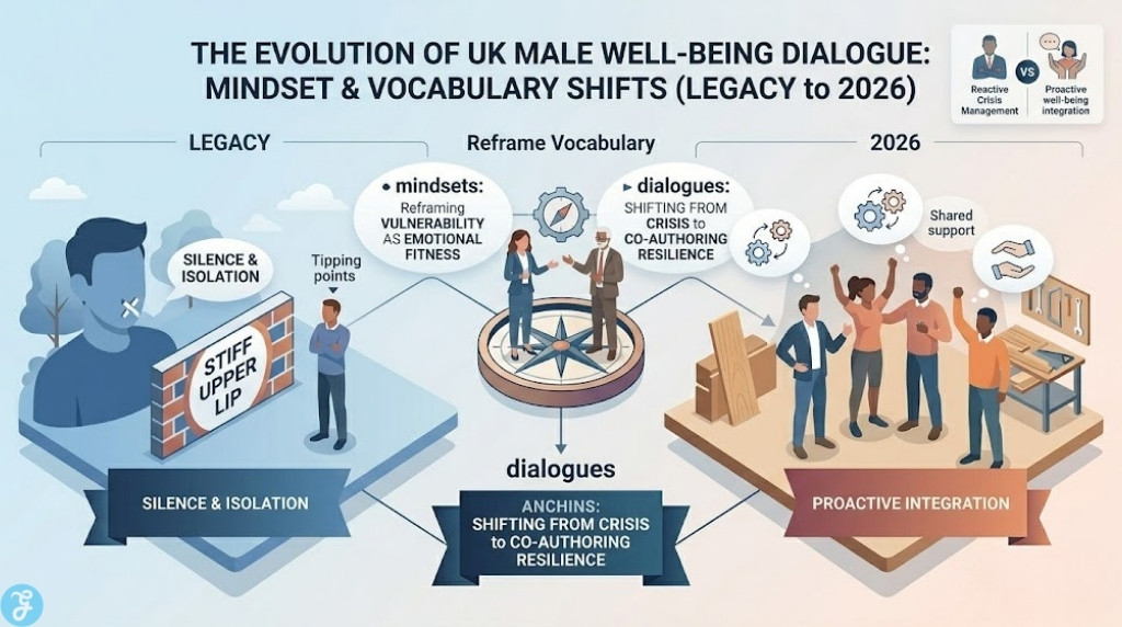 Professional semi-flat conceptual vector infographic illustrating the evolution of the British male mental health dialogue from "LEGACY" to "2026." It visualizes non-repetitive linked mindset tipping points and vocabulary reframing (e.g., Vulnerability as Emotional Fitness, Crisis to Co-Authoring Resilience). It uses soft colors and a clean layout, visually distinct from detailed text lists.