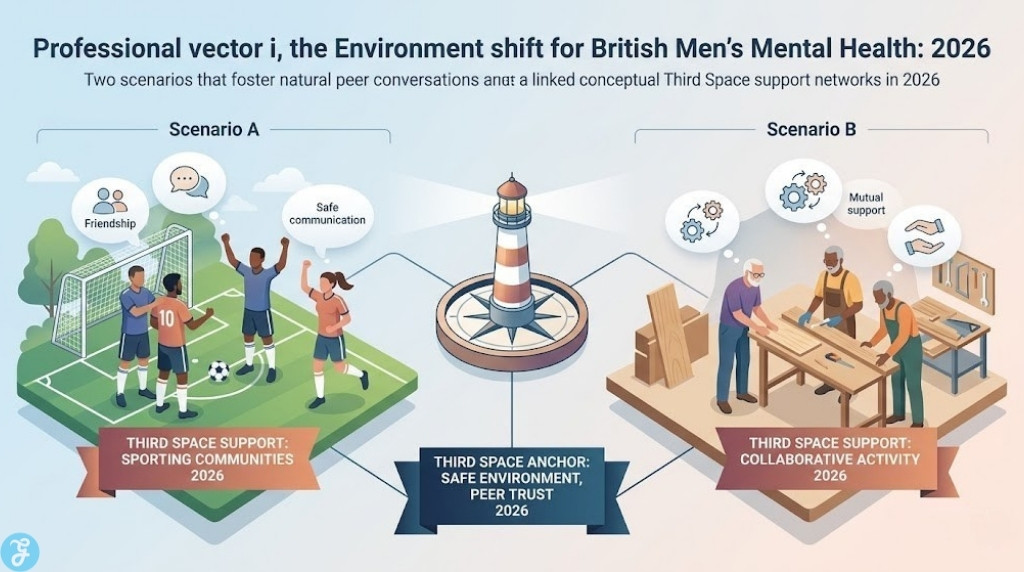 Professional vector infographic visualizing the environment shift for British Men's Mental Health in 2026. It creates two non-repetitive "Third Space Support Network" scenarios (a sporting community and a collaborative workshop) linked by shared activity and peer trust. It uses clean modern art and soft colors, distinct from detailed text lists.