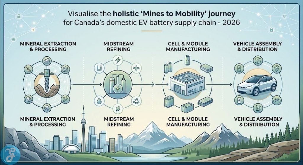 Conceptual visual of Canada's integrated 'mines to mobility' EV battery supply chain journey, from critical mineral processing to final vehicle distribution in 2026.