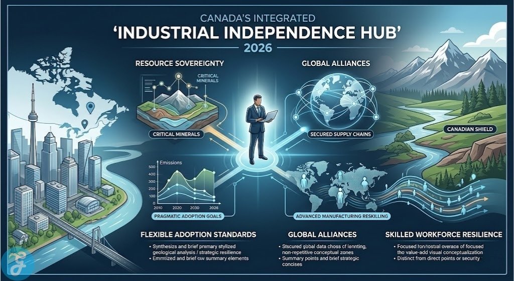 Professional illustration of Canada's integrated industrial independence hub for EV batteries, visualising four strategic resilience pillars in 2026.