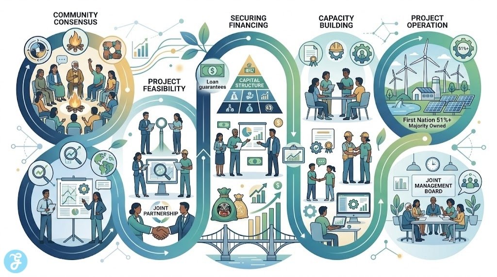 A vector infographic conceptualizing the structure and key milestones for a First Nation in Canada achieving majority ownership in a clean energy project in 2026.