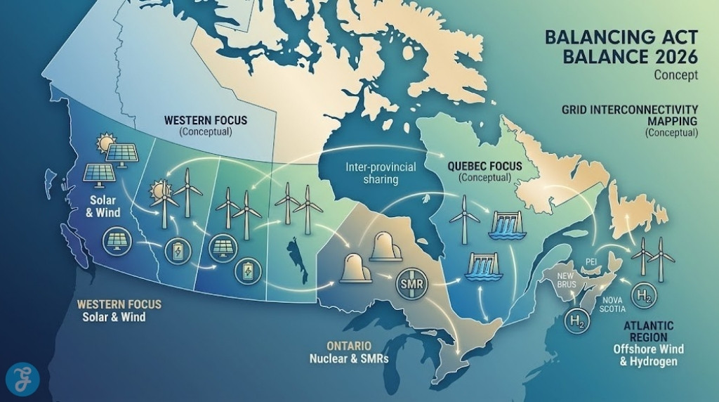 A map visualization conceptualizing the balance and interconnectivity of Canadian provincial clean energy targets in 2026, showing wind, solar, and hydro integration.