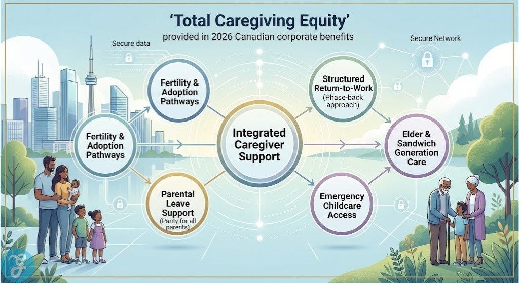 Professional illustration visualising the conceptual total caregiving equity and integrated caregiver support lifecycle offered by leading Canadian companies in 2026.