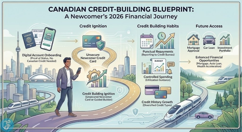 Conceptual infographic mapping the 2026 Canadian credit-building journey for a newcomer, visualizing digital onboarding, credit ignition, and long-term financial progression without a history.