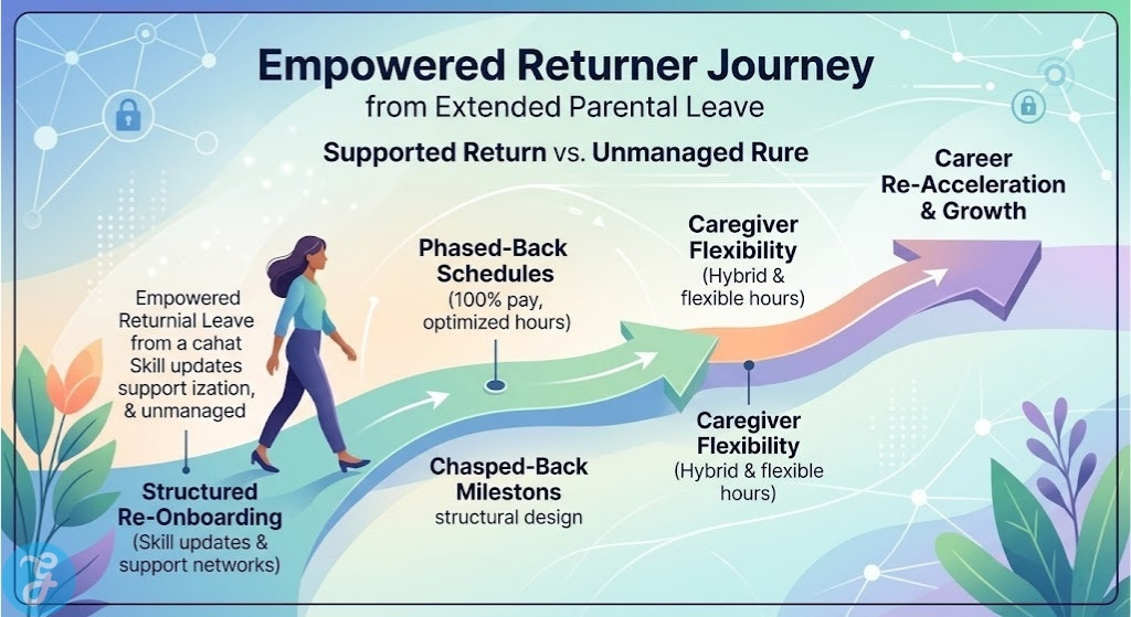 Empowered returner journey map visualising a supported transition from parental leave back into the workforce using structured re-onboarding and phase-back flexibility in 2026 Canada.