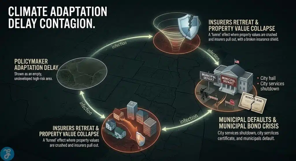 A continuous contagion loop infographic visualizing how unmitigated climate risk cascading through uninsurable property and property value collapse triggers municipal defaults and national economic crisis, illustrating systemic financial risk.