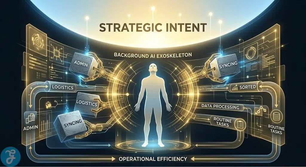 Infographic visually represents Background AI as a cognitive exoskeleton handling digital logistics so the professional can focus on strategic intent.