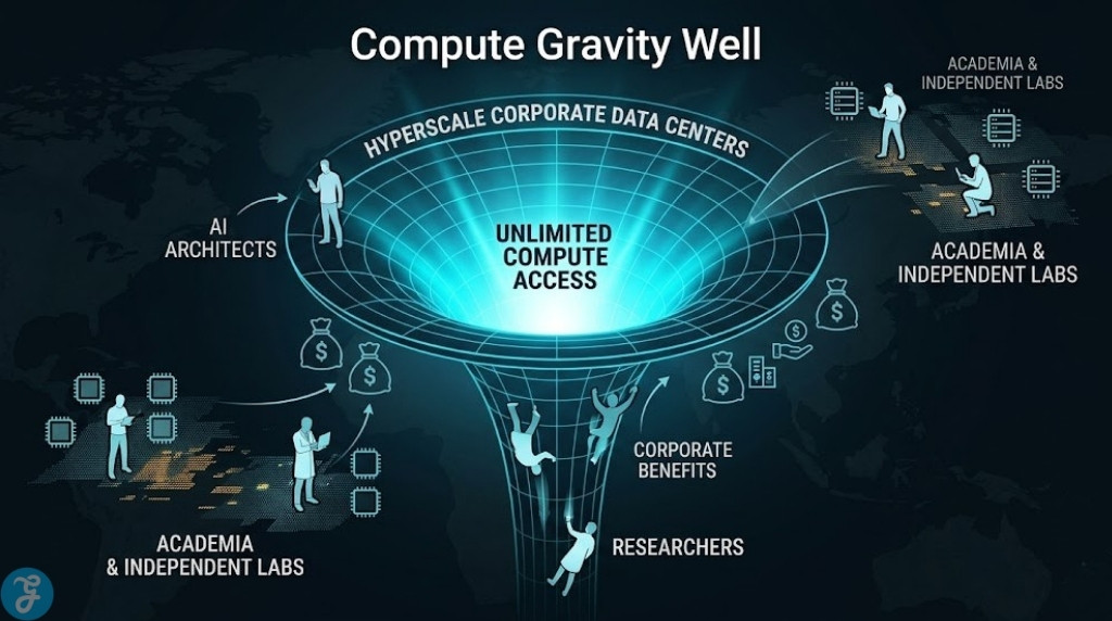 Infographic visualization of a digital gravity well labeled 'Compute Gravity Well,' pulling AI researchers and architects down into corporate data centers offering unlimited compute access.