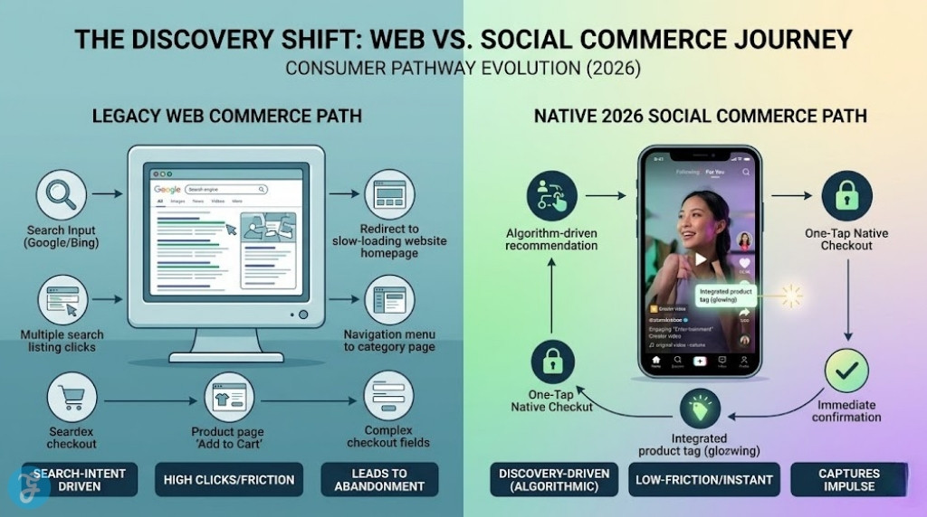 An infographic illustrating the 2026 consumer discovery journey shift, comparing the high-friction traditional web search path with the seamless algorithm-driven native social commerce path, in a clean digital illustrative style.