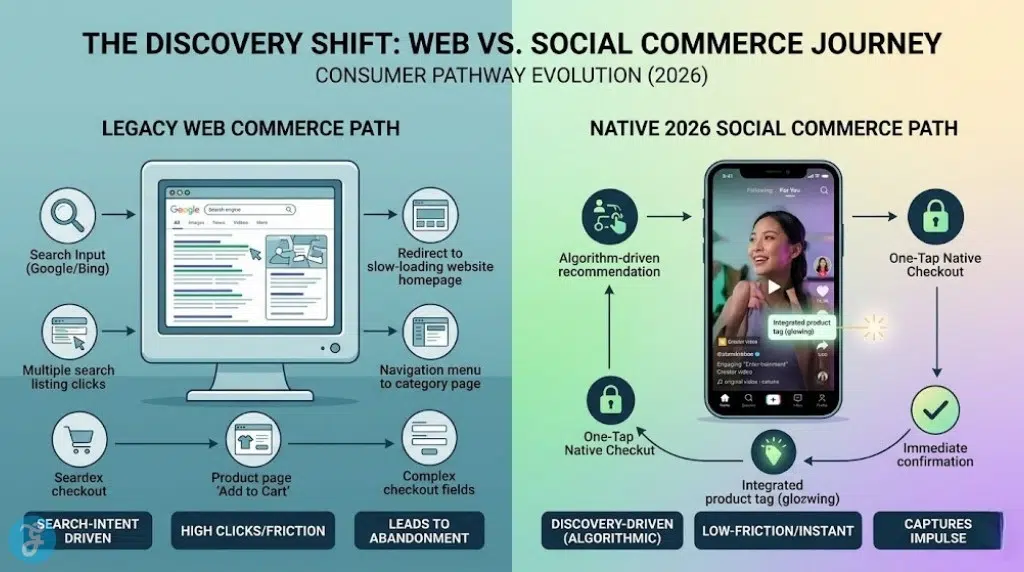 An infographic illustrating the 2026 consumer discovery journey shift, comparing the high-friction traditional web search path with the seamless algorithm-driven native social commerce path, in a clean digital illustrative style.