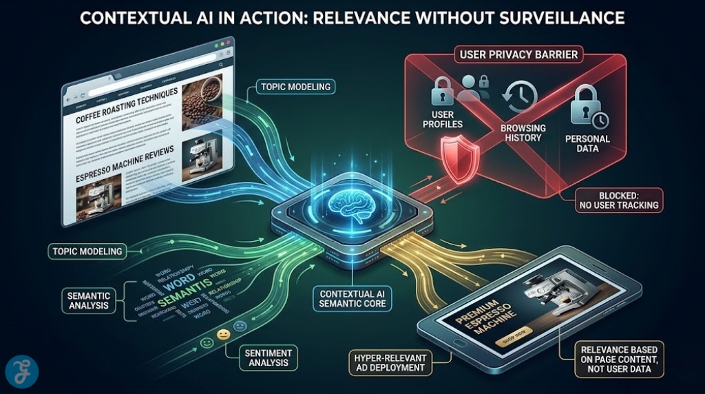 Infographic visualization showing Contextual AI semantic core analyzing webpage nodes (coffee, reviews, topic) and sentiment to deploy hyper-relevant ads, with a clear barrier blocking User Profile and Browsing History data.