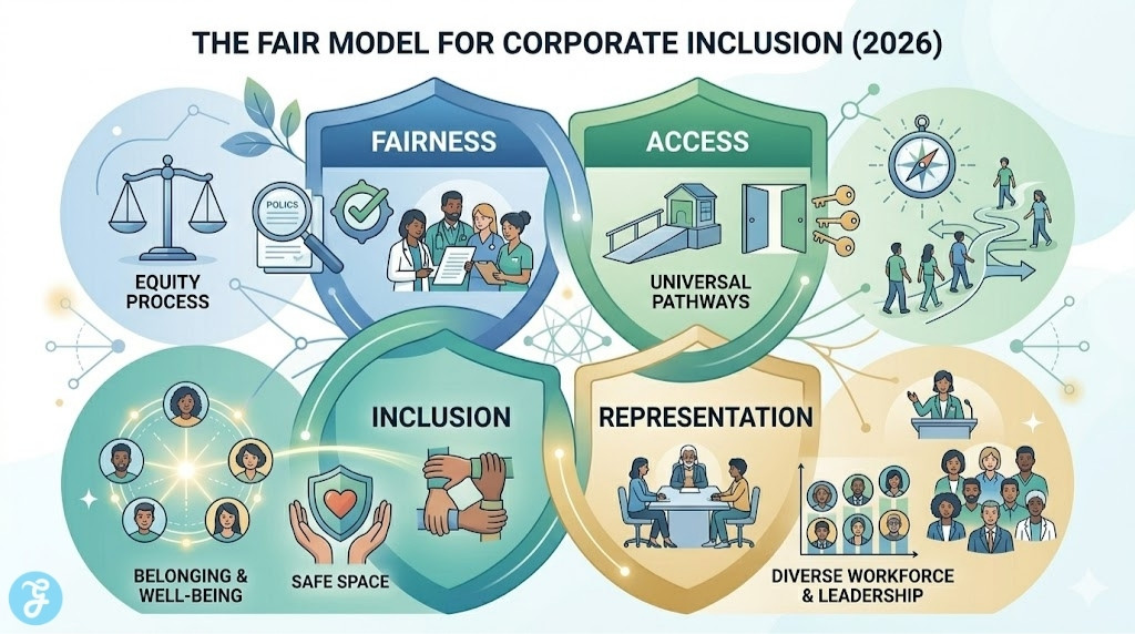 A vector illustration conceptualizing the four interconnected pillars of the 'FAIR Model' for corporate inclusion in 2026: Fairness, Access, Inclusion, and Representation.
