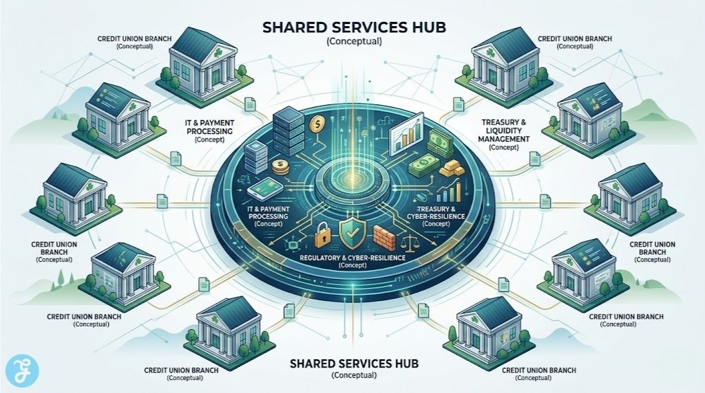 A vector diagram and schematic visualizing the shared services and collaborative tech infrastructure of a idealized Irish 'Corporate Credit Union' hub in 2026.