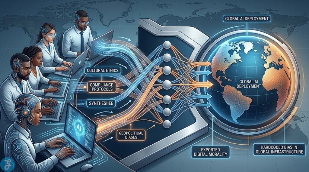 Infographic visualization of a large neural network model being visualized, showing glowing input streams of Cultural Ethics and Geopolitical Biases resulting in Exported Digital Morality in global deployment.