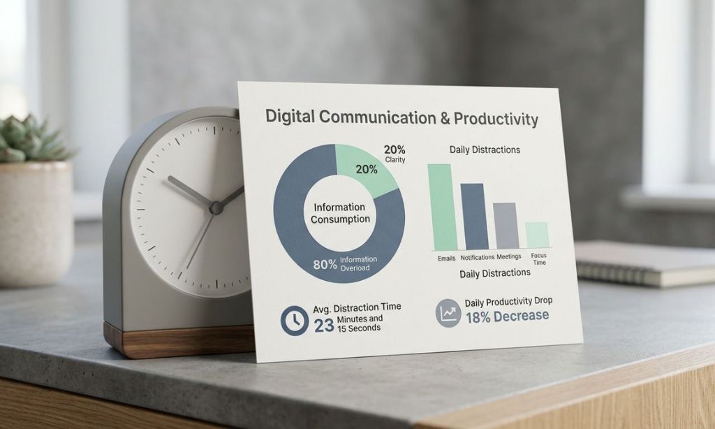 data card showing 80 percent information overload and 23 minutes to regain focus