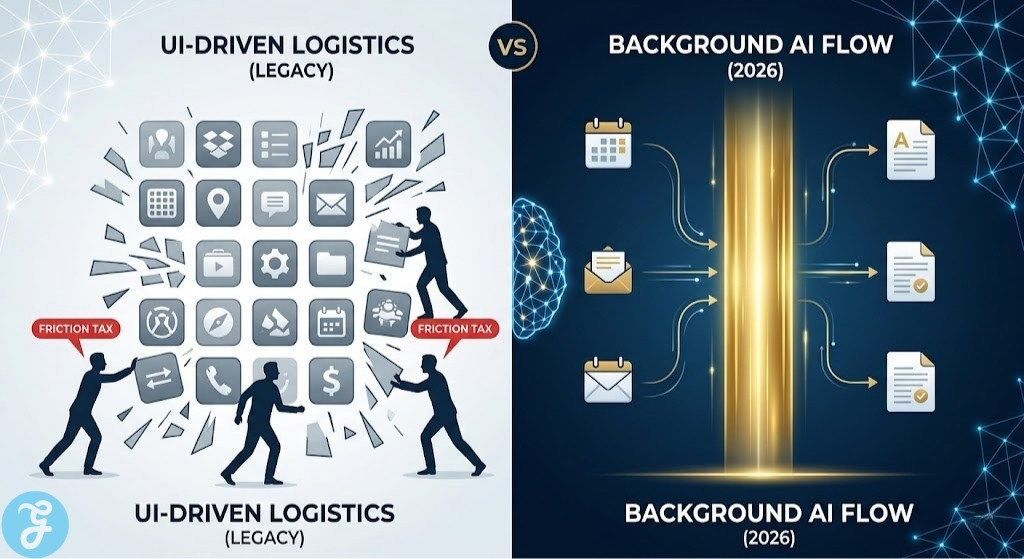 Infographic contrasts chaotic data friction in legacy app dashboards with a unified, fluid data flow powered by an invisible intelligence layer.