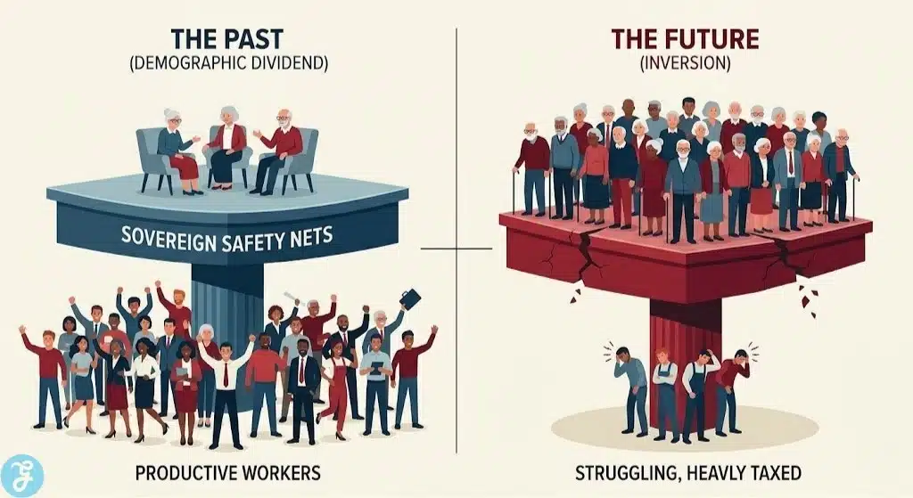 Professional infographic illustrating the conceptual change from a sturdy, worker-supported social safety net to a precarious, retiree-heavy structure supported by a heavily taxed, shrinking workforce, visualizing systemic demographic strain.