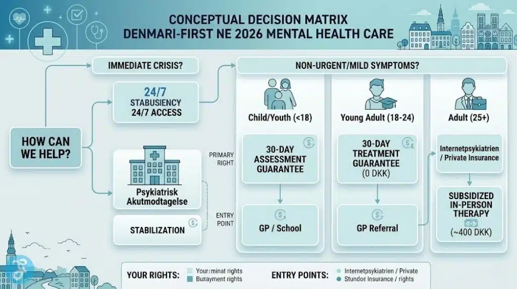 An approachable decision matrix infographic guide for accessing mental health care in Denmark in 2026. It branches by user profile (Child, Young Adult, Adult) and condition urgency, highlighting rights like 30-day assessment and treatment guarantees, cost differences (0 DKK vs ~400 DKK), and access points like Akutmodtagelse and Internetpsykiatrien.
