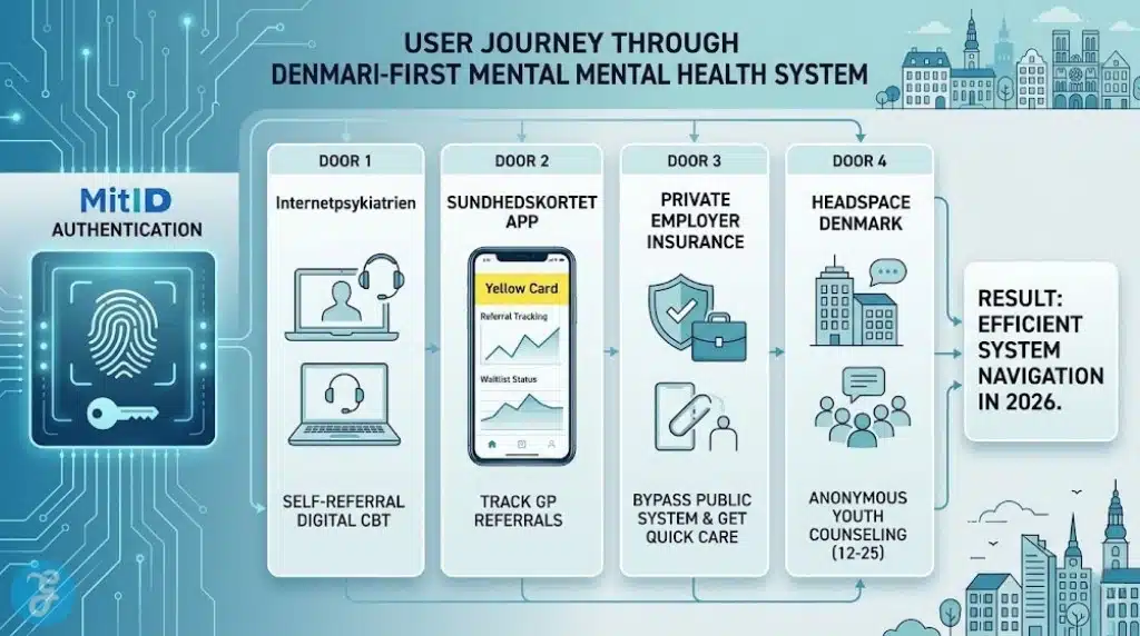 A professional infographic visualizing the user journey through Denmark's digital-first mental health system in 2026. It shows MitID login, Internetpsykiatrien self-referral, tracking referrals in the Sundhedskortet app, and accessing anonymous youth support and private insurance.