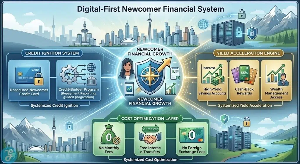 Professional illustration visualizing the interconnected conceptual modules of a digital-first newcomer financial system in Canada, synthesizing credit ignition, cost optimization, and yield acceleration for 2026.
