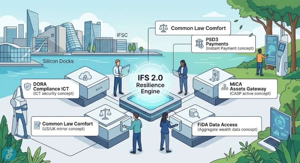 Conceptual visual of the synthesis of technology and regulation in Dublin, creating an operationally resilient 2026 EU fintech hub.