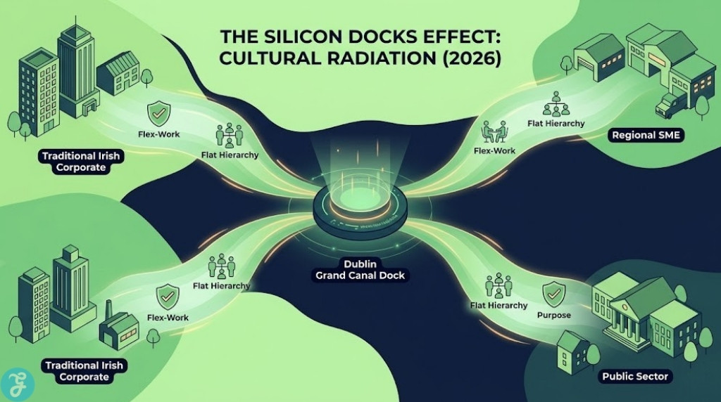 An infographic visualizing workplace culture standards radiating from Dublin's Silicon Docks outward to traditional, regional, and public sectors in Ireland.