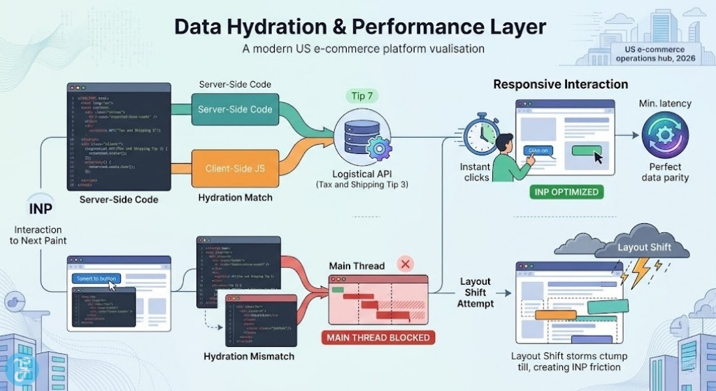 Conceptual visual map of US e-commerce technical performance, contrasting a successful hydration match with hydration errors and API-driven INP friction in 2026.