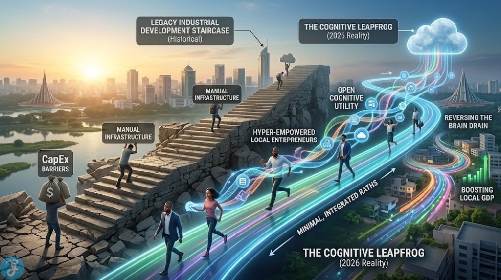 Scenic infographic visualization contrasting the slow, difficult staircase of traditional development with the hopeful, vibrant accelerated path of everyday AI leapfrog dynamics in emerging markets.