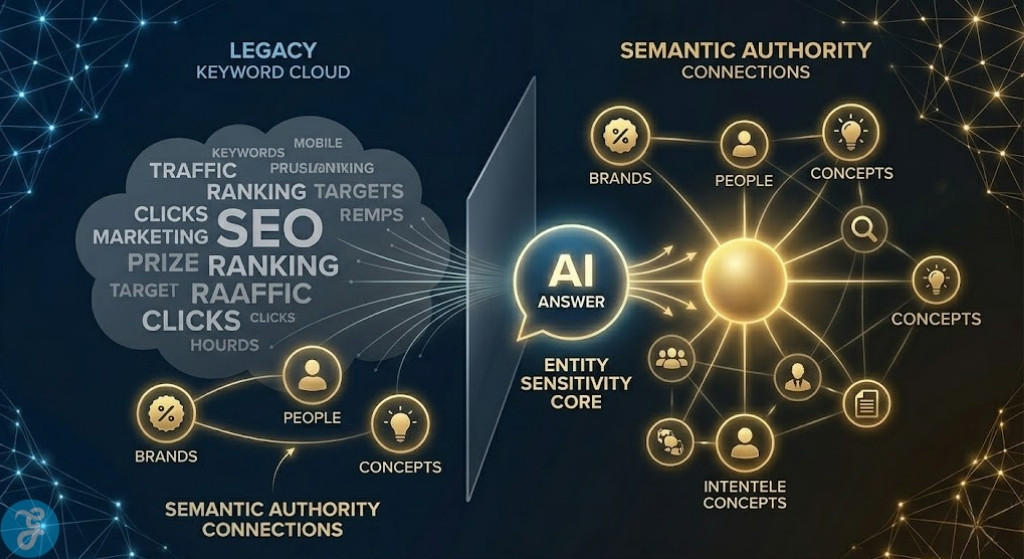 Structural diagram comparing a chaotic cloud of keywords with a networked system of glowing, connected brand and conceptual entities.