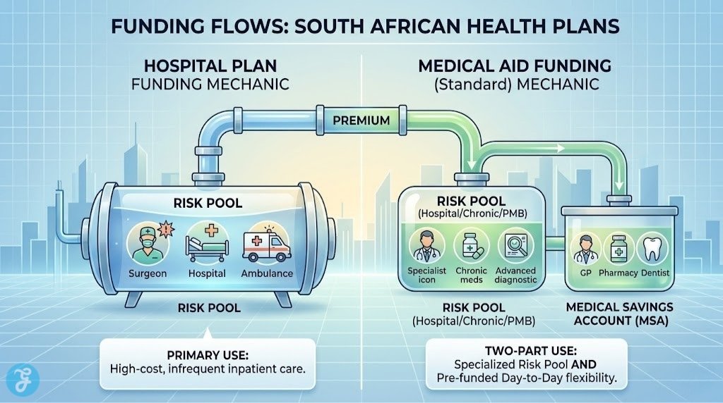 An infographic illustrating the side-by-side financial premium flow and funding mechanisms for a standard South African Medical Aid versus a specialized Hospital Plan, visualizing Risk Pool versus MSA structure.