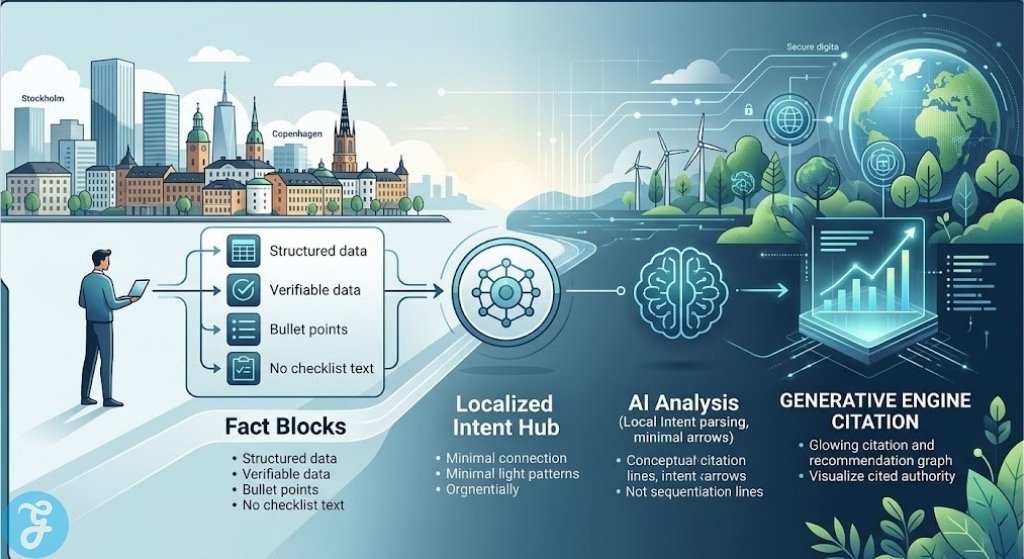 Professional digital illustration of the conceptual journey from factual structured data to a cited authority by a generative AI for a Scandinavian business in 2026