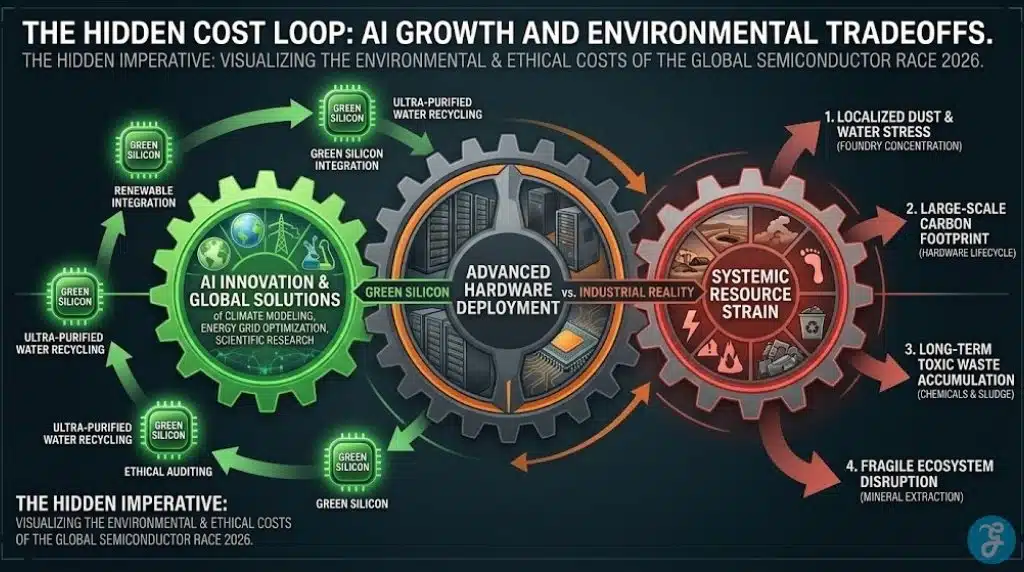Detailed diagram infographic visualizing the paradoxical cost loop of AI growth, showing how hardware demand causes environmental and ethical strain, contrasting green promises with industrial reality.