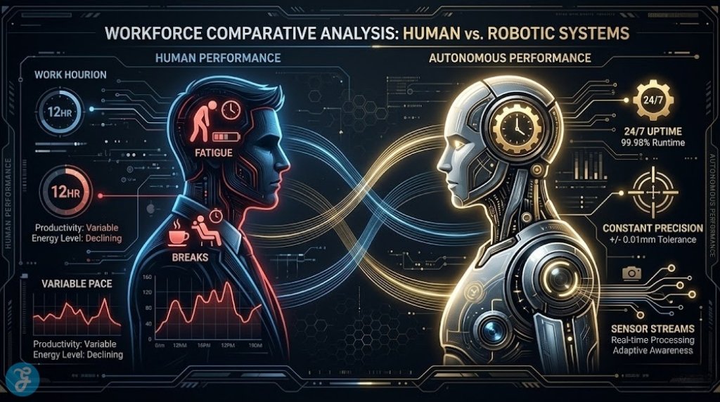 Sophisticated infographic dashboard visualization comparing two stylized profiles: a human silhouette with metrics like fatigue and breaks, and an AI unit silhouette showing continuous 24/7 uptime and sensory data streams.