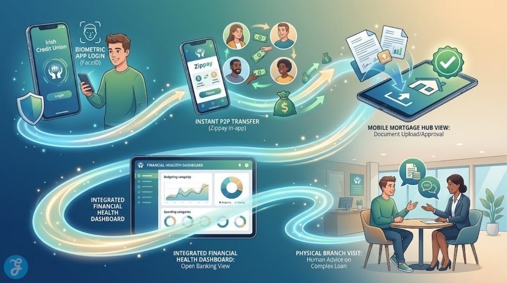 A professional vector infographic illustrating the dynamic day-to-day hybrid journey of a digital generation member of an Irish credit union in 2026, using Zippay and mobile tools.