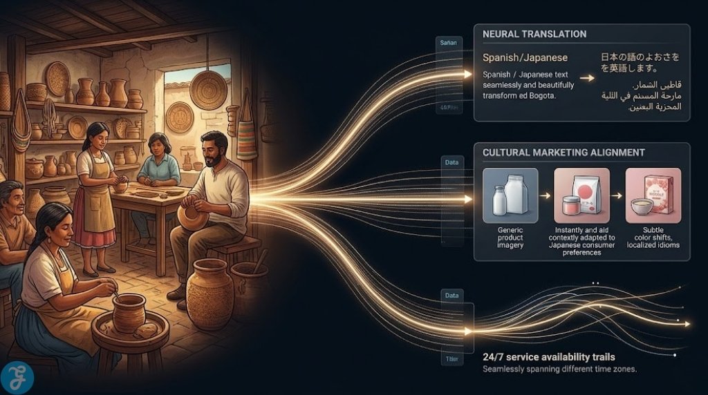 Stunning infographic visualization of a local artisan workshop using cognitive tools to simultaneously project localized marketing, translation, and 24/7 service across global borders.