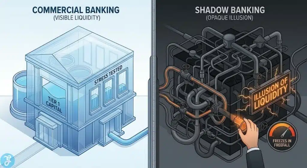 Detailed comparison infographic visualizing the transparent liquidity of stress-tested commercial banks versus the opaque, complex, and illiquid network of the shadow banking system, illustrating the illusion of liquidity.