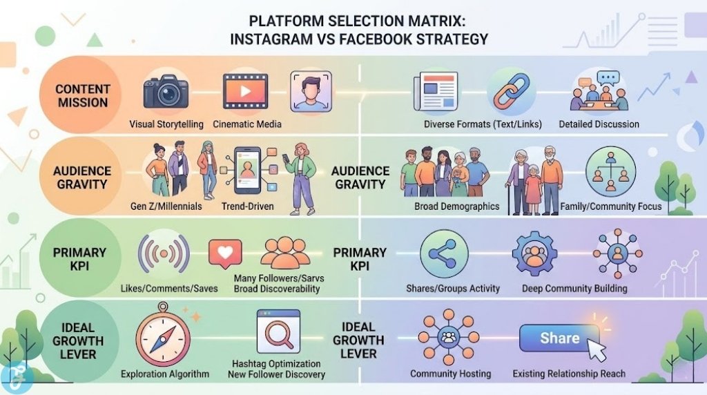 Infographic comparing content mission, audience gravity, primary KPIs, and growth levers for Instagram vs Facebook, conceptualizing a strategic selection matrix