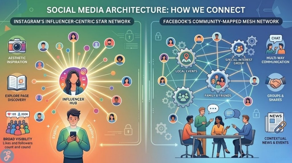 Infographic visualizing the structural difference between Instagram's influencer-centric star network and Facebook's community-mapped mesh network, illustrating how connections are made
