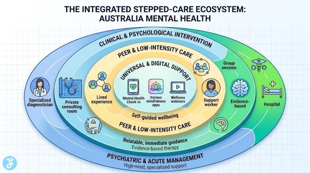 A professional ecosystem diagram illustrating the 2026 integrated stepped-care model in Australian mental health, visualizing connections between universal digital tools, peer support, clinical psychology, and specialized psychiatry.