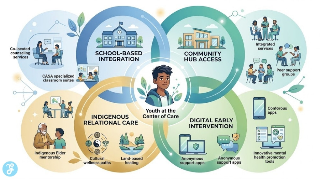 A professional illustration conceptualizing the interconnected network of Canadian youth mental health support services in 2026, including schools, community hubs, digital, and family domains, linked to a central youth figure.