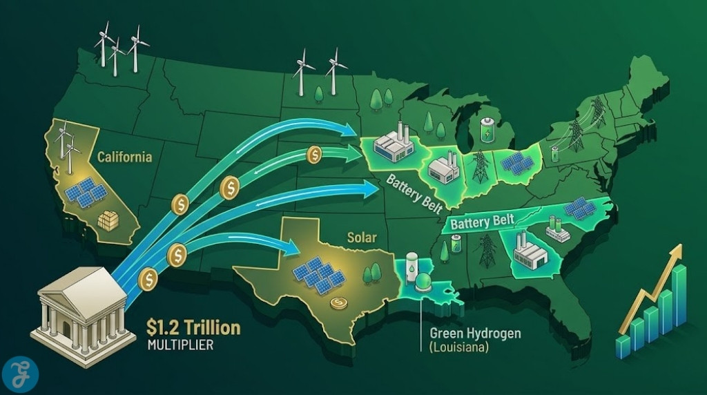 Professional isometric infographic of the US green energy boom. A stylized 3D map highlights glowing areas for the 'Battery Belt,' solar/storage in Texas/California, and Green Hydrogen (Louisiana). Large $1.2 trillion capital flows are shown as dynamic multiplier graphics. Professional greens, electric blues, golds.