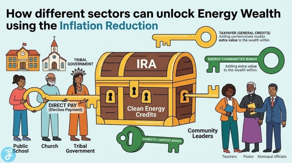 High-quality vector infographic illustrating how the IRA unlocks energy wealth. Diverse community leaders (teachers, pastors, municipal officials) and a stylized public school, a church, and a tribal government hold keys labeled 'Direct Pay (Elective Payment)' to access a large 'IRA Clean Energy Credits' chest. Additional keys for 'Energy Communities' and 'Domestic Content' bonus credits are also shown.
