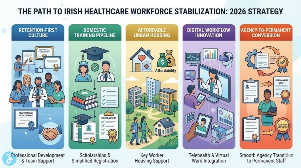 A modern vector infographic conceptualizing the five linked pillars of Ireland's long-term healthcare staffing recovery strategy in 2026, focusing on retention and modernization.