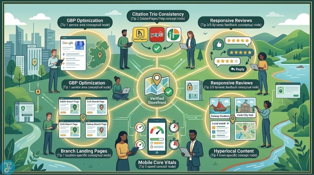 Conceptual visualization of the dynamic 2026 Hyperlocal SEO Ecosystem for Irish businesses, synthesizing GBP optimization, reviews, and mobile core vitals.