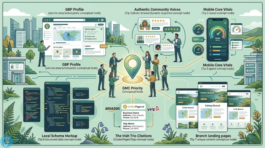 conceptual visualization of the foundational 2026 Ireland Local SEO Structure, mapping the relationship between citations, schema, and mobile speed.