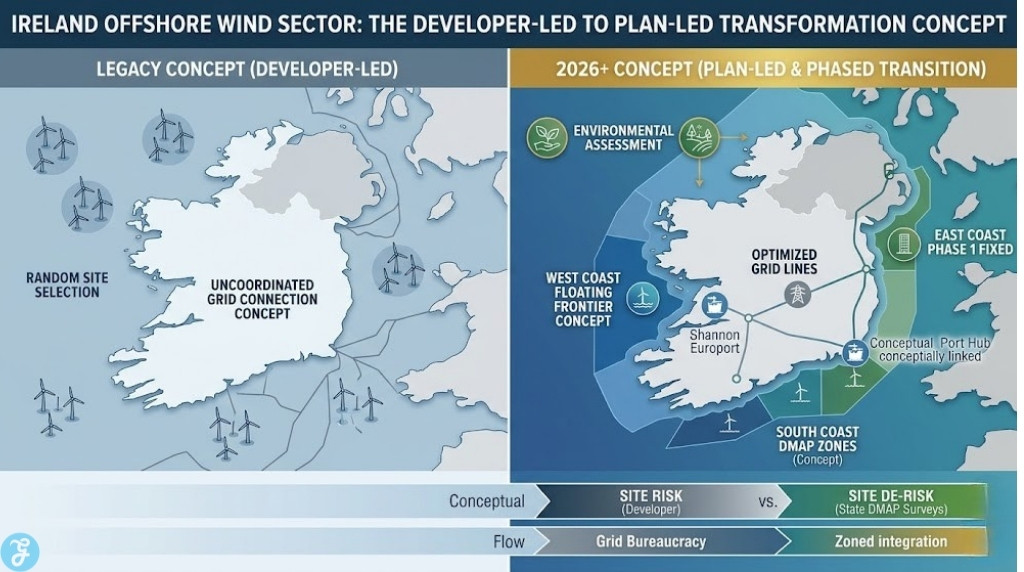 Infographic visualizing the conceptual transformation of Ireland's offshore wind sector from a Legacy (Developer-Led) concept to the 2026+ Plan-Led and Phased Transition pathway. It uses clean modern vector art to compare disjointed clusters with clear, zoned, linked development (fixed and floating) and grid integration, avoiding direct text lists. It is sophisticated, detailed, and visually distinct from text lists.