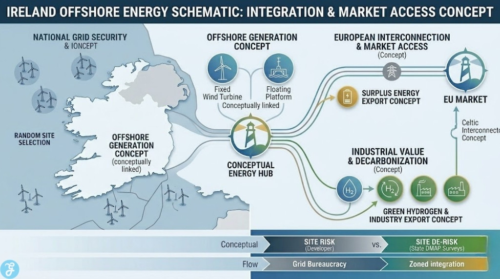 Professional vector conceptual schematic visualizing the integration of Ireland's offshore wind ecosystem. It illustrates how conceptual Offshore Generation (Fixed & Floating) flows through linked systems: National Grid Security, European Interconnection (Celtic Interconnector concept), and Industrial Value (Green Hydrogen & Industry Export), showing mutual benefits and market access without arrow overload or repetitive lists.