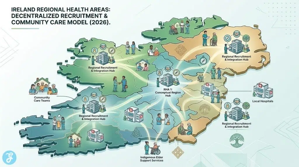 A map visualization conceptualizing the structure of Ireland's six new Regional Health Areas (RHAs) in 2026, showing decentralized recruitment hubs linked to local community care.