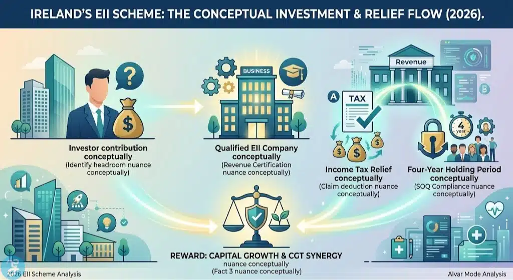 Infographic visually outlining the conceptual investment and relief flow of the Irish EII scheme conceptually for 2026, comparing the investor contribution and qualified company certification with the resulting immediate income tax relief stream conceptually and the four-year holding period restriction stream conceptually that synthesize the reward and compliance synergy nuance conceptually.